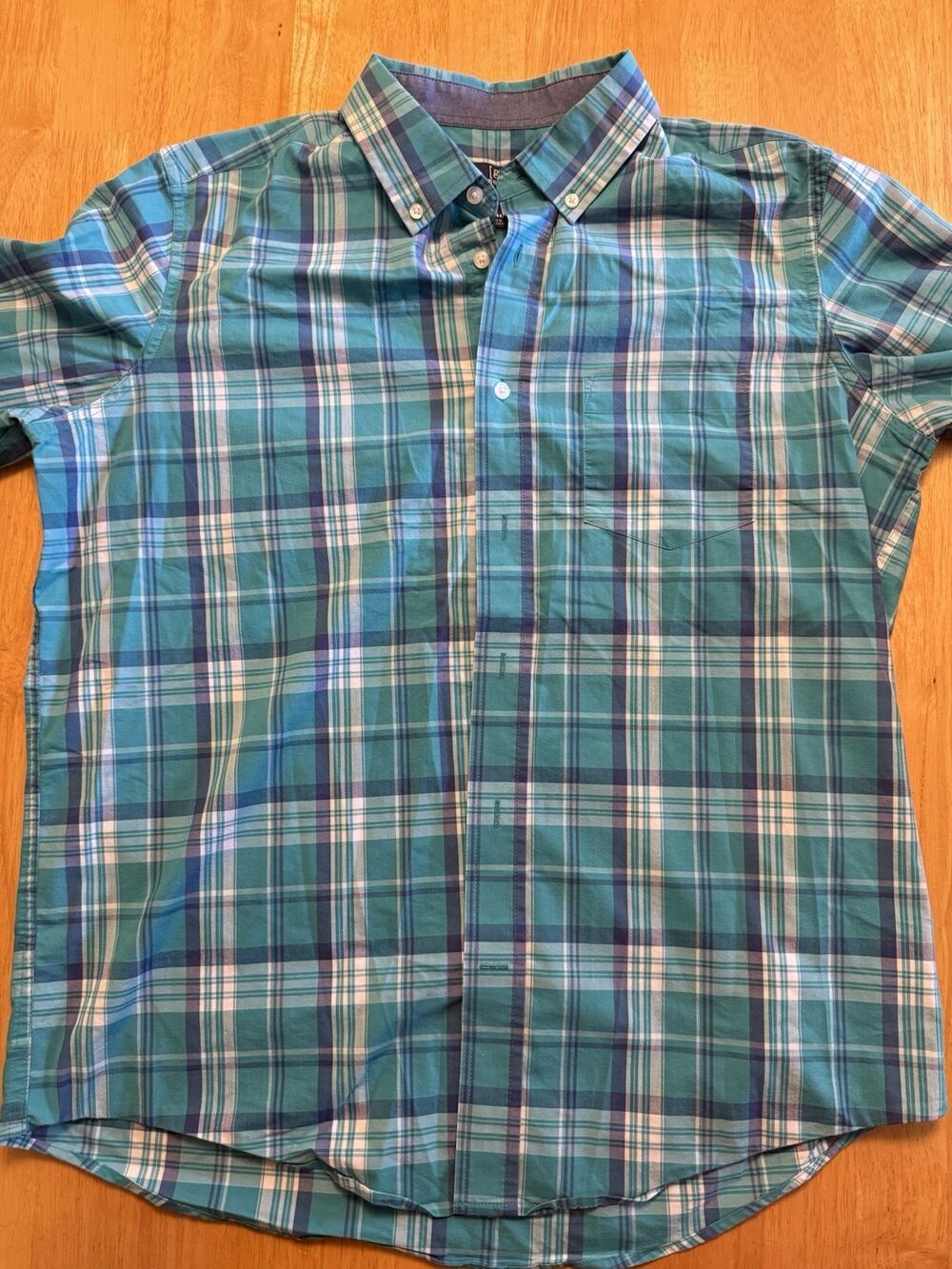 George Mens Large Green Blue Plaid Long Sleeve Button Down Shirt Classic Fit